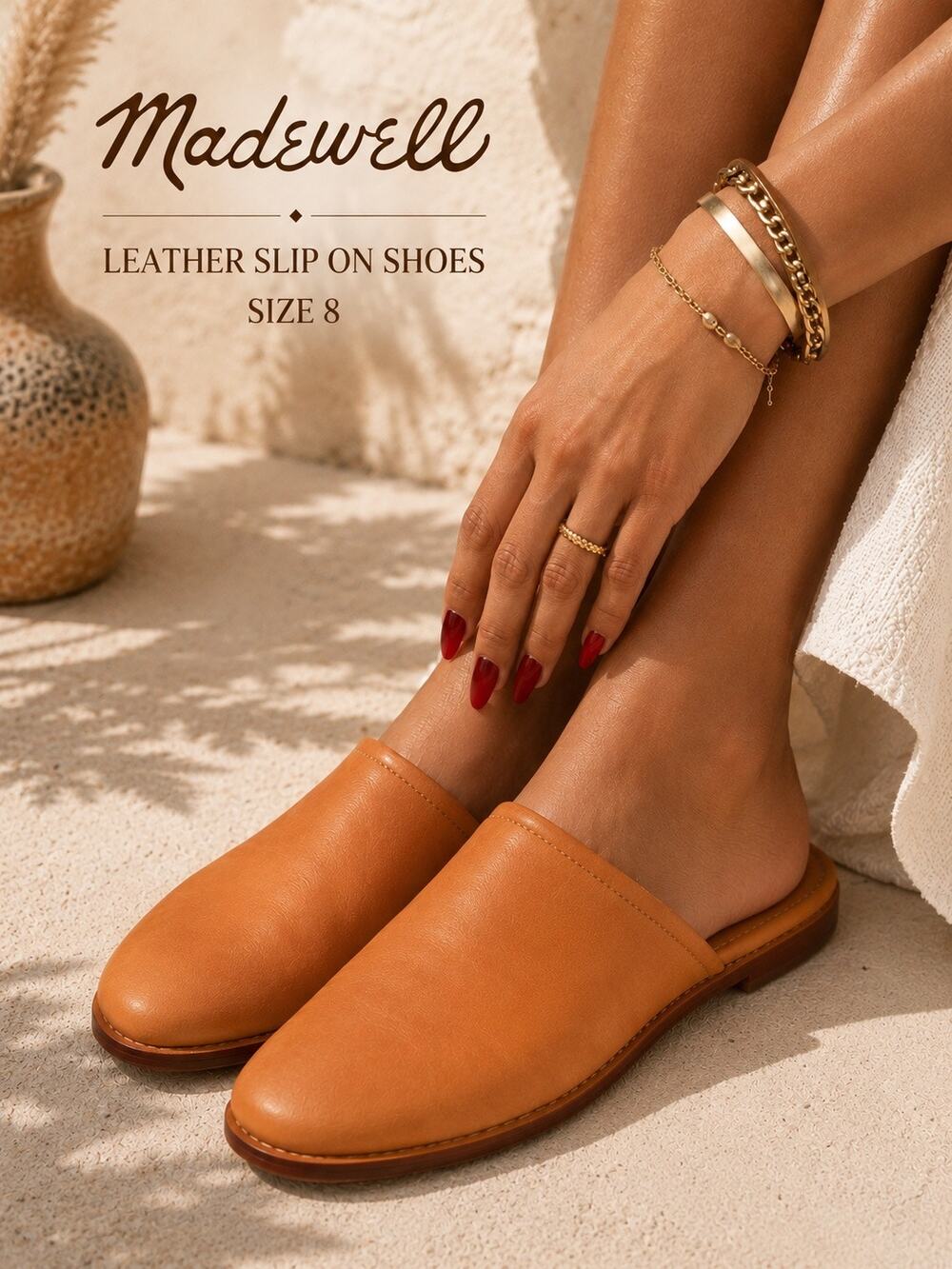 Madewell Leather Slip On Mules Sz 8 Cognac Leather Flats